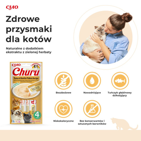 Inaba Cat Churu Tuna Bonito Flakes 4x56g Kremowy Przysmak Dla Kota Pasta Z Tuńczykiem I Wiórkami Ryby Bonito 3+1 Gratis