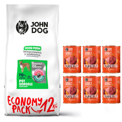 John Dog Good Form Adult Mini Sucha Karma Dla Psa Wieprzowina Z Wołowiną 12kg + Mokra 6x400g