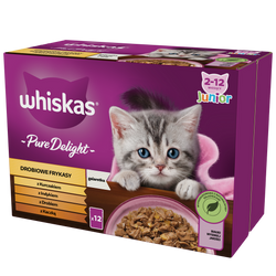WHISKAS Junior Saszetki 12 x 85g Drobiowe Frykasy Mokra Karma Dla Kociąt w Galaretce Kawałki z Kurczakiem Indykiem Drobiem Kaczką