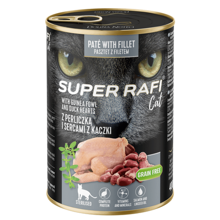 Super Rafi Cat 5x400g Bezzbożowa Mokra Karma Dla Kotów Sterylizowanych Z Perliczką I Sercami Z Kaczki