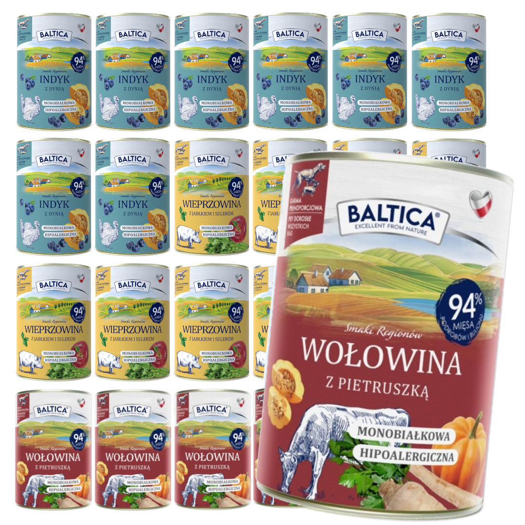 Baltica Samki Regionów 12x400g Monoproteinowa Hipoalergiczna Bezzbożowa Mokra Karma Dla Psa Wołowina Indyk Wieprzowina