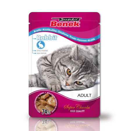 Super Benek Adult 6x100g z Kawałkami Królika w Sosie - Mokra Karma dla Kotów w Saszetce, 74% mięsa