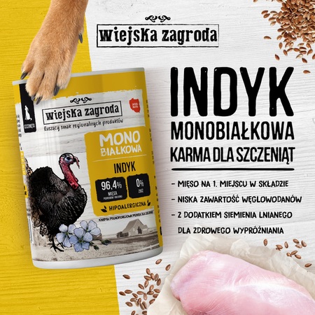 Wiejska Zagroda Monobiałkowa Karma Mokra Dla Psów Szczeniąt Indyk 96,4% Mięsa 400g
