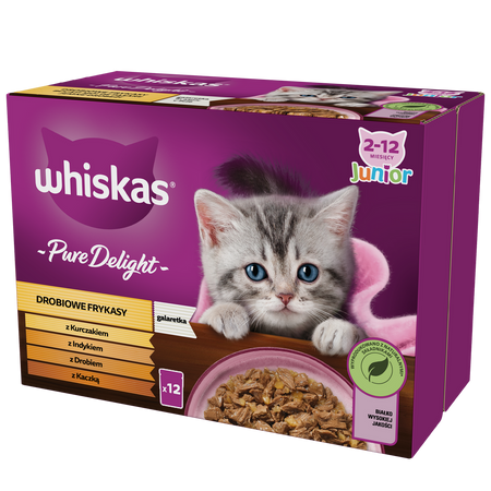 WHISKAS Junior Saszetki 48 x 85g Drobiowe Frykasy Mokra Karma Dla Kociąt w Galaretce Kawałki z Kurczakiem Indykiem Drobiem Kaczką