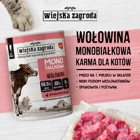 Wiejska Zagroda Monobiałkowa Karma Mokra Dla Kota Wołowina 98,6% Mięsa 6x400g