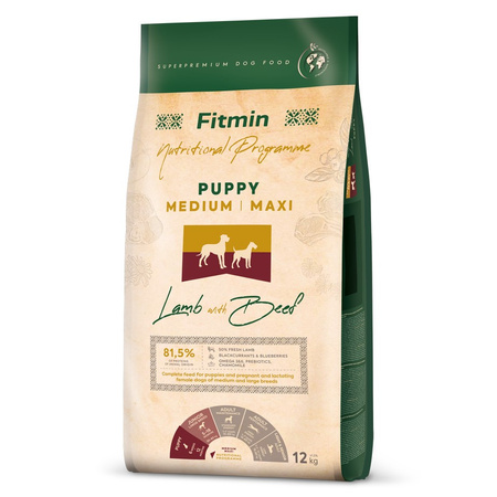 Fitmin Medium Maxi Puppy Jagnięcina z Wołowiną 12kg Sucha Karma Dla Szczeniąt Średnich i Dużych Ras