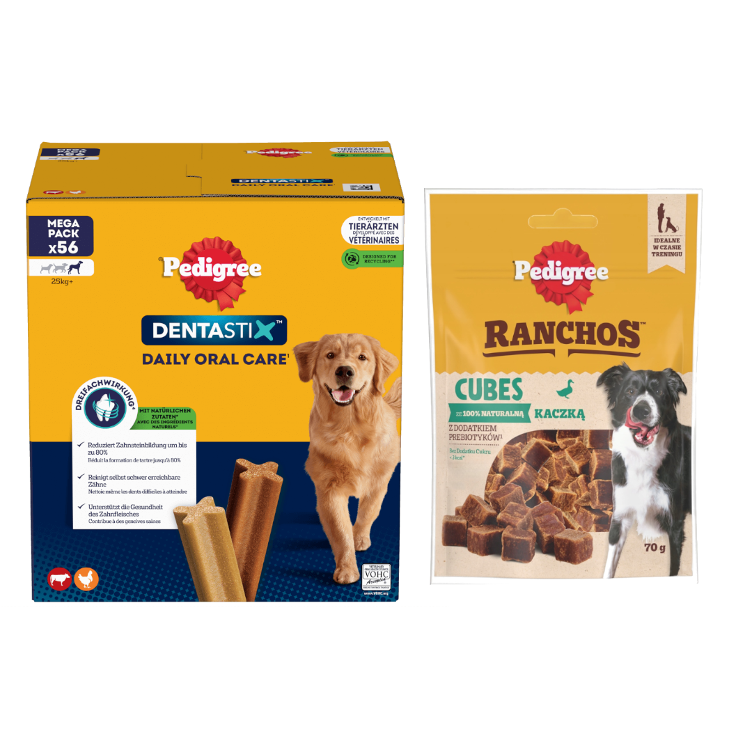 Pedigree Zestaw Przysmaków Dla Psa Dentastix Large 8x270g + Ranchos Cubes 70g Z Kaczką