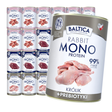 Baltica Monoprotein 24x400g Hipoalergiczna Bezzbożowa Mokra Karma Dla Psa z Prebiotykami Jagnięcina Dziczyzna Królik