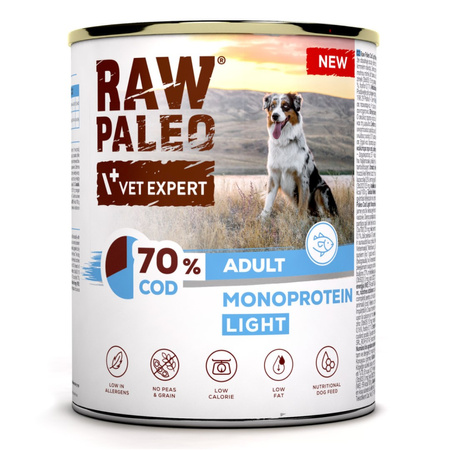 Raw Paleo Adult Monoprotein Light 12x800g Bezzbożowa Mokra Karma z Dorszem Dla Psów z Tendencją Do Nadwagi