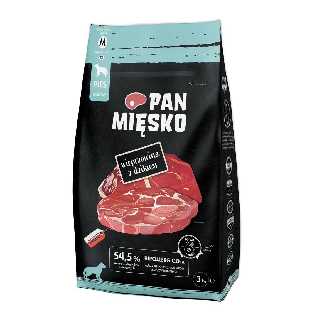 Pan Mięsko 3kg Sucha Karma Dla Psa Wieprzowina Z Dzikiem Chrupki Rozmiar M