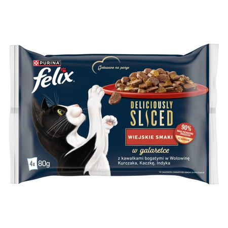Felix Deliciously Sliced Wiejskie Smaki 4x320g (16x80g) Mokra Karma Dla Kota Wołowina Kurczak Kaczka Indyk