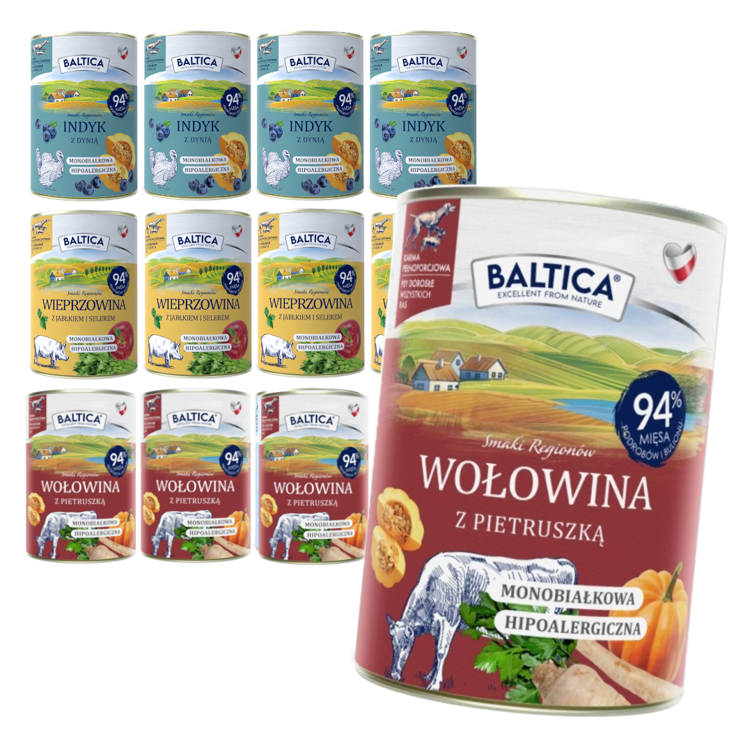 Baltica Samki Regionów 12x400g Monoproteinowa Hipoalergiczna Bezzbożowa Mokra Karma Dla Psa Wołowina Indyk Wieprzowina
