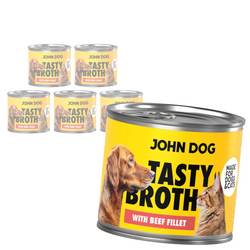 John Dog Tasty Broth 6x140g Mokra Uzupełniająca Karma Dla Dorosłych Psów I Kotów Z Wołowiną