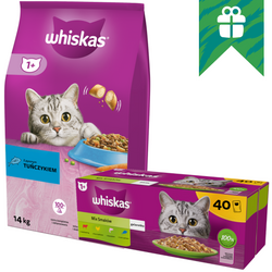 Whiskas Adult Tuńczyk 14kg Sucha Karma Dla Kotów + GRATIS 40x85g Mix Smaków Mokra Karma w Galaretce