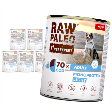 Raw Paleo Adult Monoprotein Light 6x800g Bezzbożowa Mokra Karma z Dorszem Dla Psów z Tendencją Do Nadwagi
