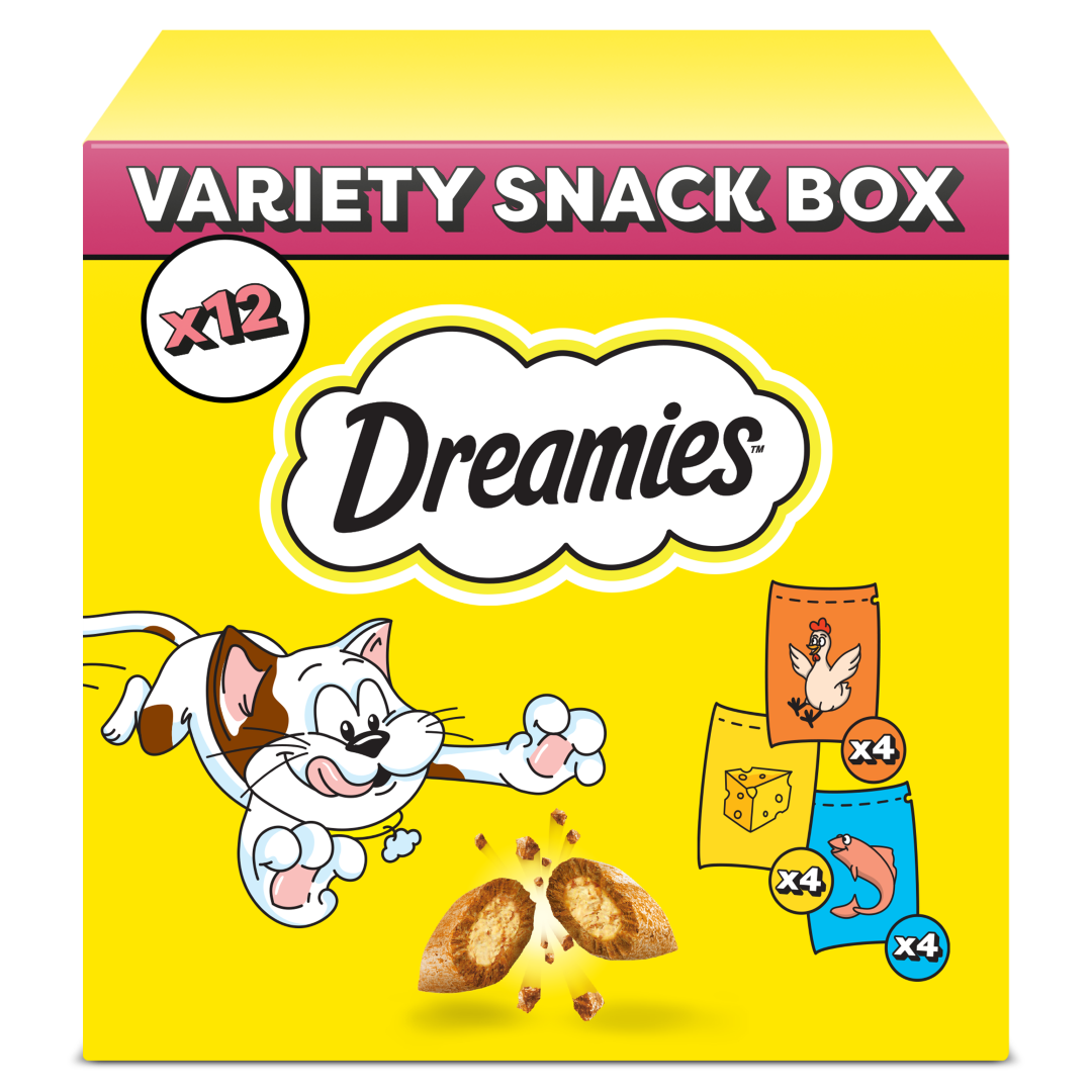 DREAMIES Variety Snack Box – karma uzupełniająca dla kotów (z kurczakiem, z serem i o smaku łososia