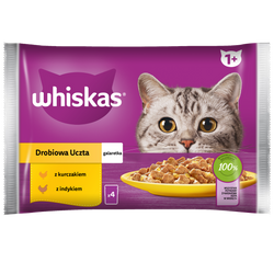 WHISKAS Adult Saszetki 4 x 85g Drobiowa Uczta Mokra Karma Dla Dorosłego Kota w Galaretce Kawałki z Kurczakiem i Indykiem