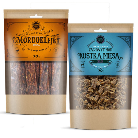 Przysmaki Dla Psa 2x70g Happy Snacky Mordoklejki Z Kozy + Zachwyt Nad Kostką Mięsa Z Jelenia 100% Mięsa