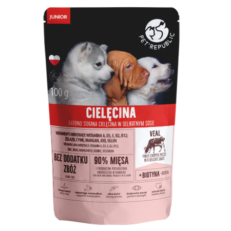 PetRepublic Junior Mokra Karma Dla Psa Filet Cielęcina Kawałki W Delikatnym Sosie 12x100g