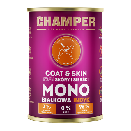 Champer Coat & Skin 6x400g Monobiałkowa Mokra Karma Dla Psa Z Indykiem Wsparcie Kondycji Skóry I Sierści