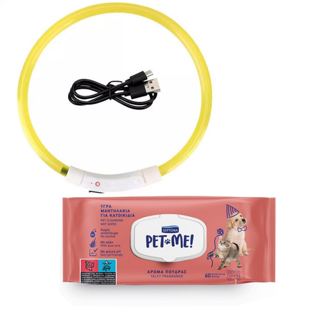 Świecąca Obroża LED Dla Psa Rozmiar S Żółta + Septona Pet Me Mokre Chusteczki 60szt. 20x16cm