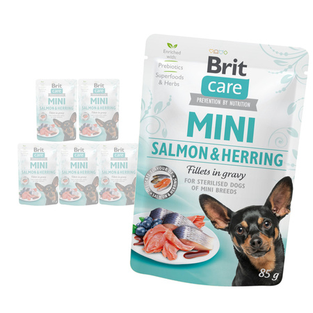 Brit Care Mini Pouch Sterlised Łosoś Śledź 6x85g Mokra Karma Dla Psów Sterylizowanych Ras Małych i Miniaturowych