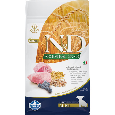 Farmina N&D Dog Ancestral Grain Lamb Blueberry Puppy Mini 800G Karma Sucha Dla Szczeniaka Z Jagnięciną
