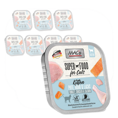 MAC's Kitten Tacka 8x100g Bezzbożowa Mokra Karma Dla Kociąt z Indykiem Kurczakiem i Łososiem