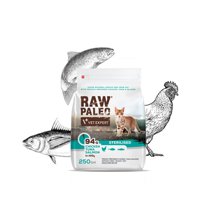 Raw Paleo Sterilised Cat Sucha Karma Dla Kota Po Sterylizacji Z Kurczakiem, Tuńczykiem I Łososiem 250g