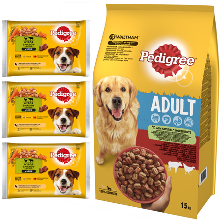 Pedigree Vital Protection 15kg Z Drobiem I Wołowiną Sucha Karma Dla Psów Średnich Ras + Wybór Smaków W Sosie Saszetki 3x400g