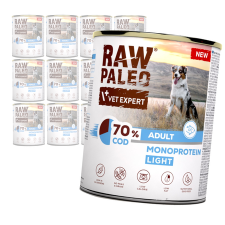 Raw Paleo Adult Monoprotein Light 12x800g Bezzbożowa Mokra Karma z Dorszem Dla Psów z Tendencją Do Nadwagi
