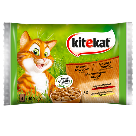 KITEKAT Saszetka 4x100g Menu Łowców - Mokra Karma Dla Kotów w Sosie (z wołowiną, z kurczakiem)