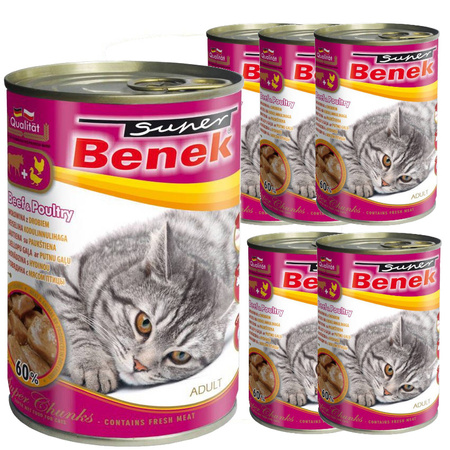 Super BENEK CHUNKS Wołowina z Drobiem 6x415g Mokra Karma Dla Kota 60% Mięsa