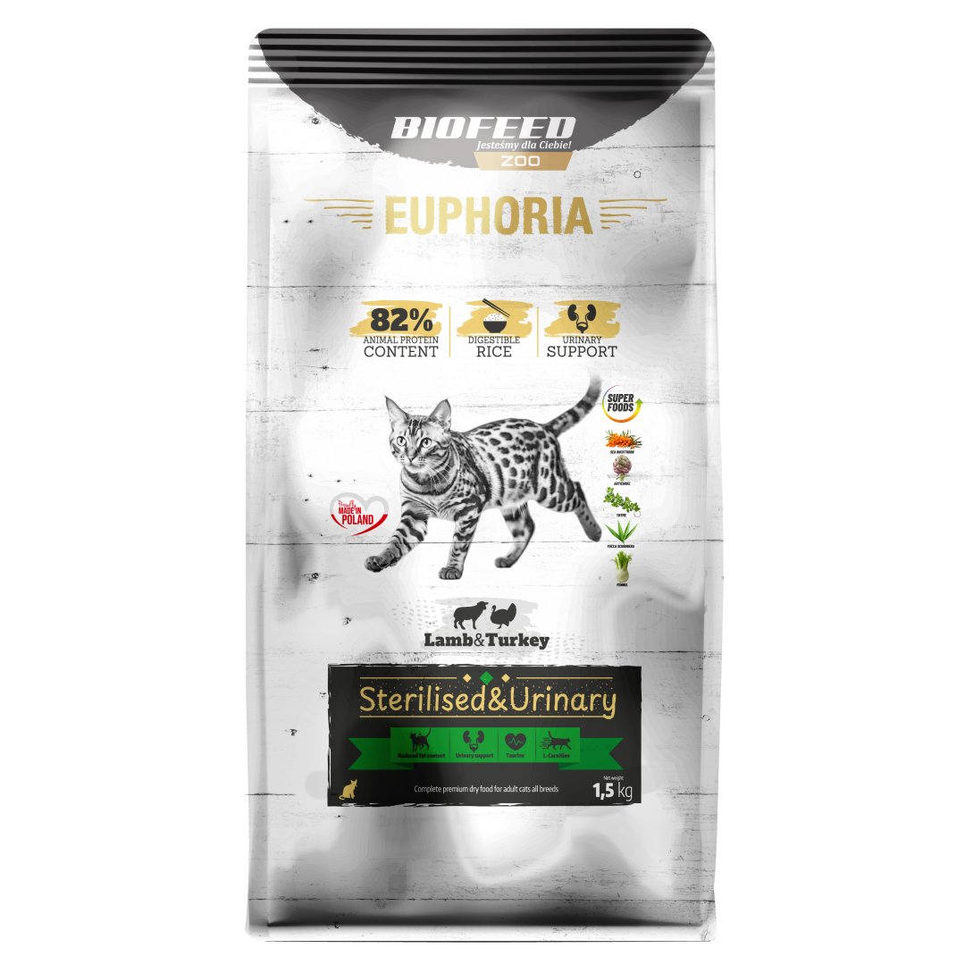Biofeed Euphoria Gluten Free Sterilised & Urinary Sucha Karma Dla Kota z Indykiem i Jagnięciną
