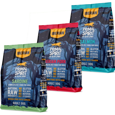 Primal Spirit Karma Sucha Dla Psów 3x1kg Wieprzowina Łosoś Sardynki + Trixie Miska Ceramiczna 0,6L