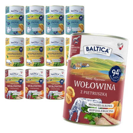 Baltica Samki Regionów 12x400g Monoproteinowa Hipoalergiczna Bezzbożowa Mokra Karma Dla Psa Wołowina Indyk Wieprzowina