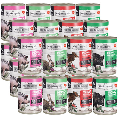 Wiejska Zagroda Monobiałkowa Karma Mokra Dla Psów Dorosłych Mix 4 Smaków 96,4% Mięsa 24x400g Bez Drobiu
