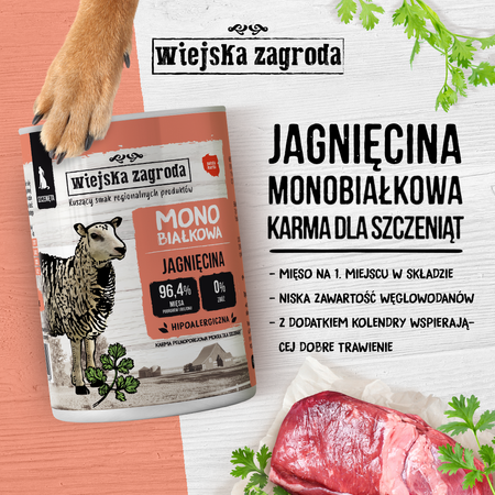 Wiejska Zagroda Monobiałkowa 12x400g Karma Mokra Dla Psów Szczeniąt Indyk I Jagnięcina 96,4% Mięsa