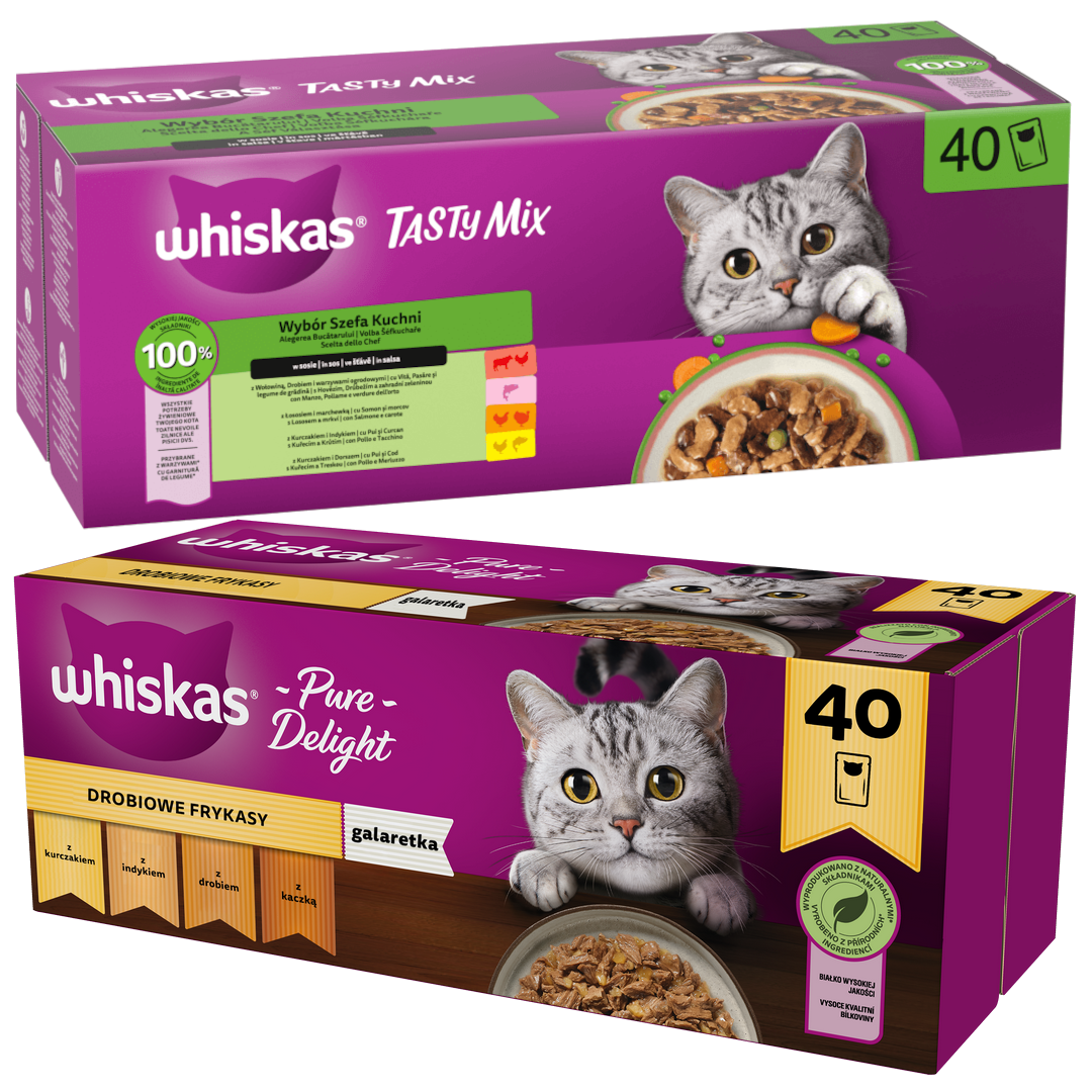 Whiskas Adult Mokra Karma Dla Kota Tasty Mix Wybór Szefa Kuchni W Sosie + Pure Delight Drobiowe Frykasy W Galaretce