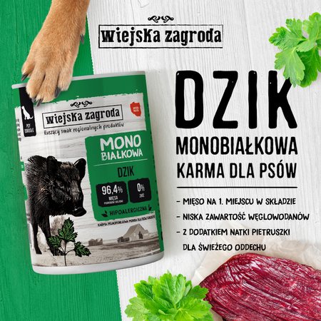 Wiejska Zagroda Monobiałkowa Karma Mokra Dla Psów Dorosłych Dziczyzna 96,4% Mięsa 24x400g