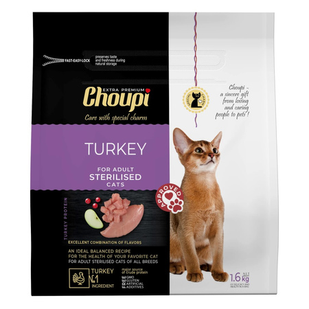 Choupi Bezzbożowa Sucha Karma Dla Kotów Sterylizowanych Z Indykiem 1,6kg