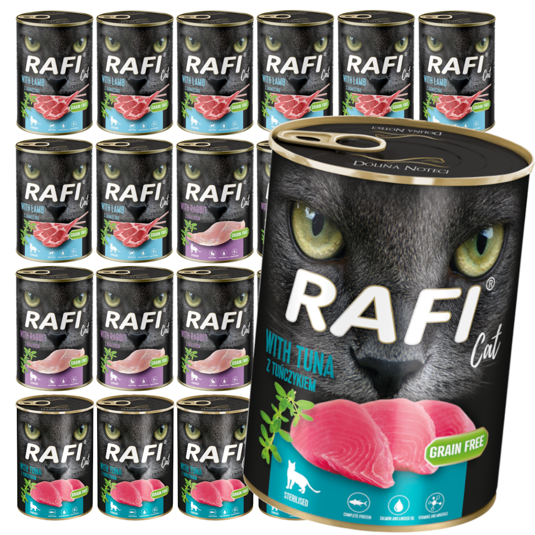Rafi Cat Adult 24x400g Bezzbożowa Mokra Karma Dla Kotów Sterylizowanych Jagnięcina Królik Tuńczyk