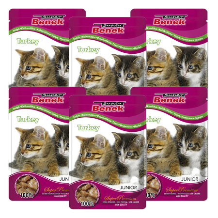 Super Benek Junior 6x100g z Kawałkami Indyka w Sosie - Mokra Karma dla Kociąt w Saszetkach 74% mięsa