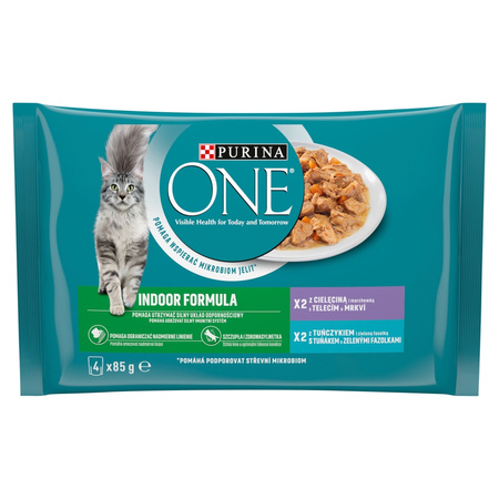 Purina One Indoor Formula Mokra Karma Dla Kota z Cielęciną i Tuńczykiem 16x85g + Sucha Bifensis z Łososiem 800g