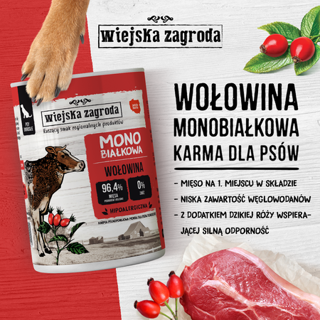 Wiejska Zagroda Monobiałkowa Karma Mokra Dla Psów Dorosłych Wołowina 96,4% Mięsa 400g