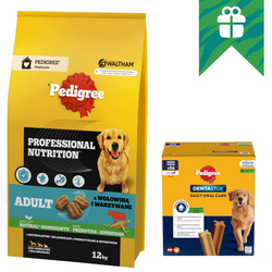 Pedigree Adult Professional Nutrition 12kg z Wołowiną i Warzywami Sucha Karma Dla Psów Średnich I Dużych Ras +  GRATIS Pedigree Dentastix Large 8x270g