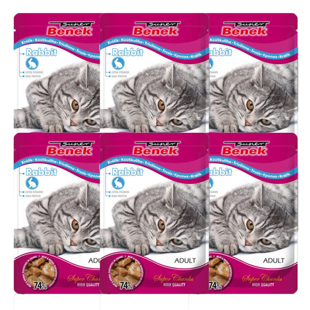 Super Benek Adult 6x100g z Kawałkami Królika w Sosie - Mokra Karma dla Kotów w Saszetce, 74% mięsa