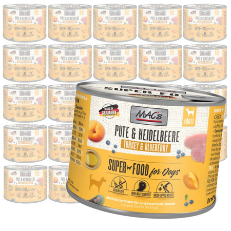 MAC's Dog 24x200g Bezzbożowa Mokra Karma Dla Psa z Indykiem i Borówką Na Stawy Skórę Sierść