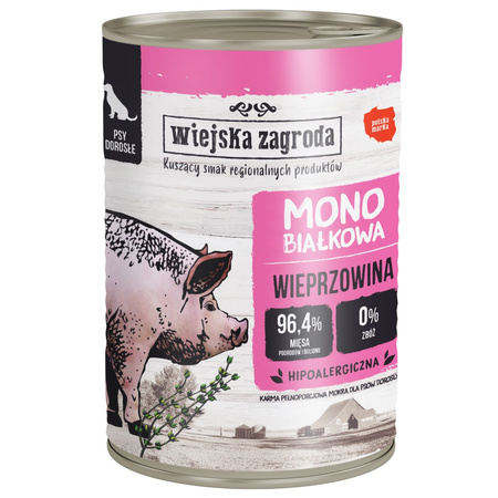 Wiejska Zagroda Monobiałkowa Karma Mokra Dla Psów Dorosłych Wieprzowina 96,4% Mięsa 24x400g