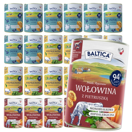 Baltica Samki Regionów 24x400g Monoproteinowa Hipoalergiczna Bezzbożowa Mokra Karma Dla Psa Wołowina Indyk Wieprzowina